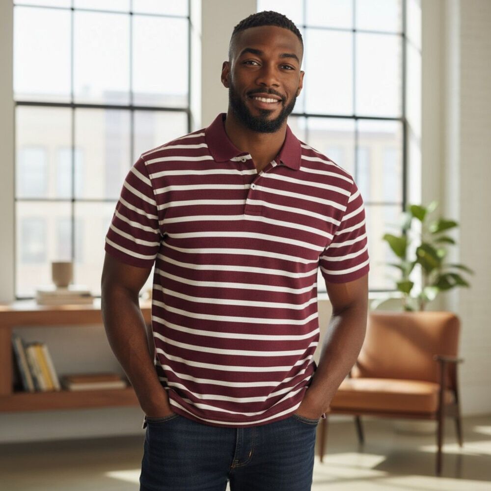 J Crew Men’s Polo Shirt Short Sleeve Striped Red White Collared Large